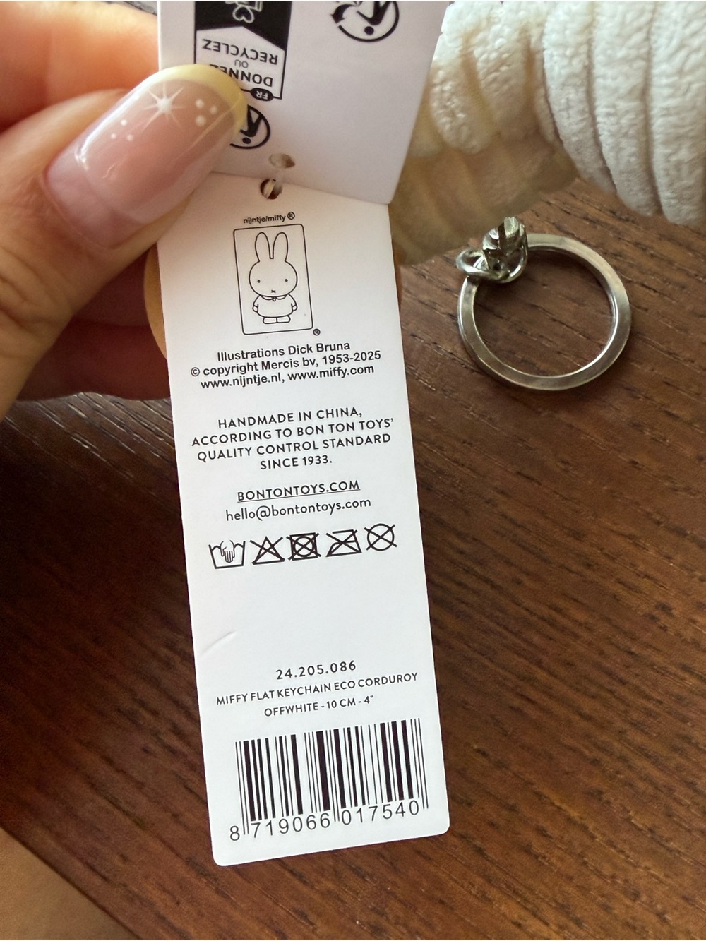 Miffy Bon Ton Toys Flat ECO Corduroy Keychain Bag Charm - Off White - Picture 9 of 11